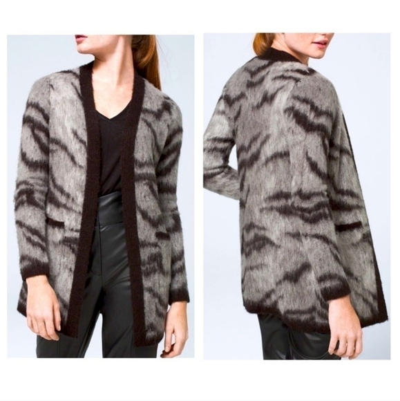 White House Black Market Gray/Black Fuzzy Wool/Alpaca Blend Cardigan Sweater XL - Picture 1 of 14